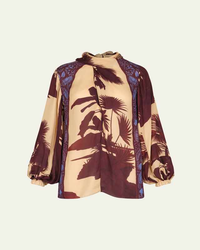 Intricate Islands Cowl Printed Silk Blouse